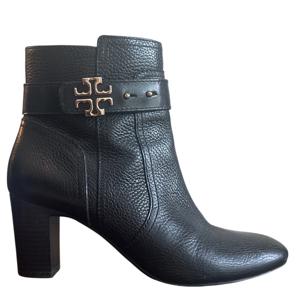 Tory Burch 32086 Black Pebbled Leather Booties 8.5 Gold Logo Block Heel